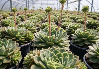 Obraz premium Rows of healthy Echeveria succulent rosettes growing in plastic pots, displaying symmetrical patterns and textures inside a sunny greenhouse, greenhouse, agriculture, macro
