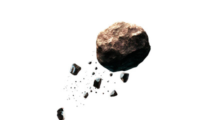 3D rendered asteroid breaking apart with floating rock debris isolated on white background © Raihan