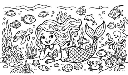 Obraz premium Cute Mermaid Underwater Coloring Book Vector EPS