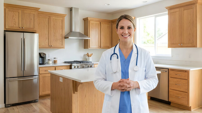 Smiling doctor in a modern kitchen holding clipboard