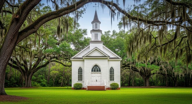 A historic white wooden chapel stands under ancient oak trees draped in moss featuring a tall steeple and classic double doors in a lush field, exterior, windows, lush