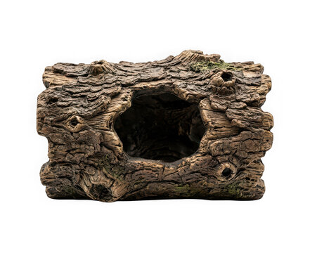 Artificial hollow log ornament for aquarium or terrarium isolated on transparent background