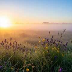 Naklejka premium A tranquil meadow is blanketed in thick morning mist as soft sunlight filters through the haze, highlighting delicate grasses and flowers, wild, rural, autumn