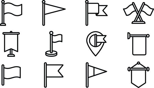 Flags and pennants line icons set for map markers achievement targets location pin decorations event signaling and landmark tracking design