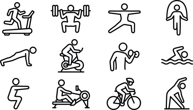 Fitness and gym workout workout line icons set for sport athletic training cardio bodybuilding weightlifting and healthy lifestyle coaching