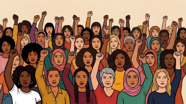 Illustration of female empowerment. Female power, diversity, strong girl concept, international woman day. Anti racism, stop discrimination. Generative AI 