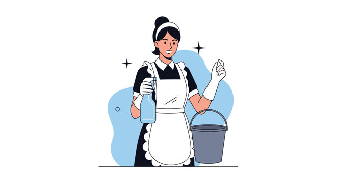 Professional female maid in classic black and white uniform holds a cleaning spray bottle and a metallic bucket.