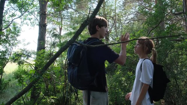 Brother and sister teenage siblings lost in a forest arguing with hand gestures about the direction to go. Children lost their way. Minors without adults in danger. Forest safety rules ignored.