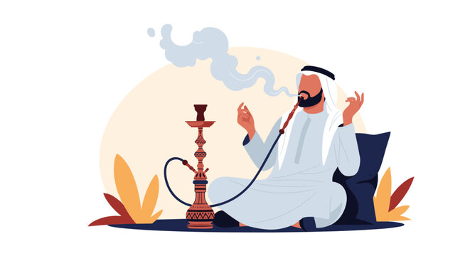 Traditional Arab man sitting on the floor smokes a hookah while relaxing against a soft decorative background.