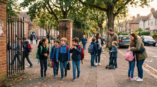 Backpacks and small groups near school gate show primary school dismissal as authentic local scene of movement, connection, friendship and neighborhood life today.