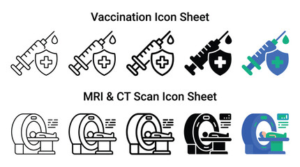 Obraz premium Vaccination and medical scanning equipment vector icon collection set showcasing various line art styles plus modern flat colorful graphics for professional healthcare and diagnostic web design