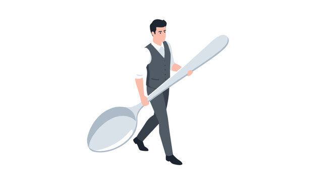 Young man in grey vest and white shirt walking while holding huge silver spoon representing giant food portion concept.