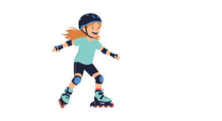 Fototapeta premium Happy active young schoolgirl roller skating wearing a protective helmet, knee pads, and elbow pads for safety.