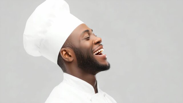 Happy African American chef laughing in profile view, wearing white uniform and hat, isolated on grey background for professional cooking concept
