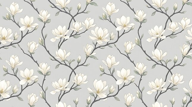 Seamless pattern with white magnolia flowers and tree branches on a soft light gray background for textile design