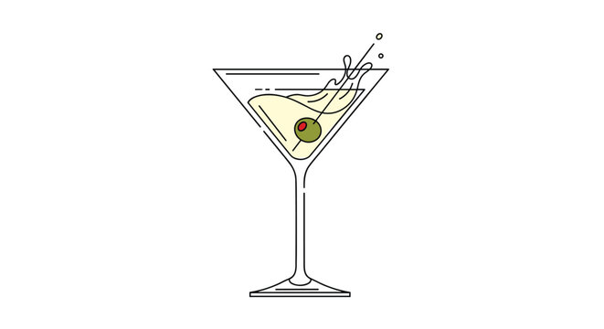 Elegant martini glass with a green olive on a toothpick features a dynamic splash of cocktail liquid, isolated on white background.