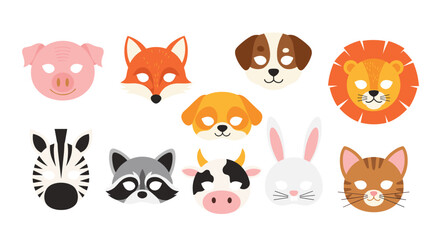 Obraz premium Set of ten cute colorful animal masks for children masquerade party and creative play isolated on white background.