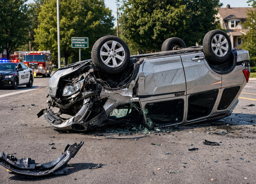 Car accident, A damaged white car after an accident on a busy city street, showcasing the aftermath of a traffic collision.