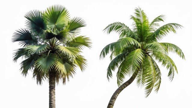 distinct palm trees set against a plain white background, emphasizing their lush green foliage. The tree on the left has a tall, slender trunk with a dense crown of broad, fan-like leaves that spread 