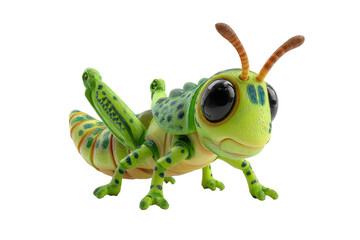 Fototapeta premium Cute green grasshopper toy with big eyes on a white studio setting, isolated on transparent background 