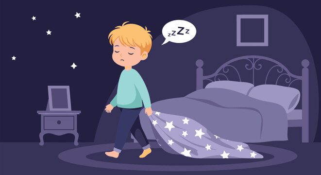 Sleepy blonde boy holding a star patterned blanket walks through a dark bedroom while sleepwalking during the night.
