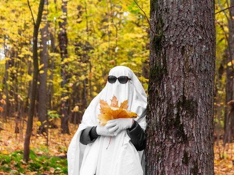 Person in a ghost costume with sunglasses holding maple leaves by a tree in an autumn forest. Fun Halloween celebration activity. Playful spirit character for October holiday party.