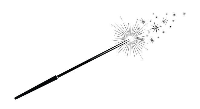 Classic black magic wand with beautiful sparkling stars and magic dust shooting from its tip on white background.