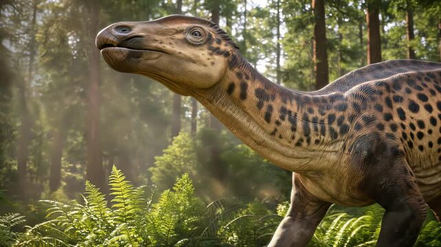 Spotted herbivorous dinosaur grazing on ferns in prehistoric forest. Large hadrosaur-like creature foraging in sunlit woodland. Panning camera shot.