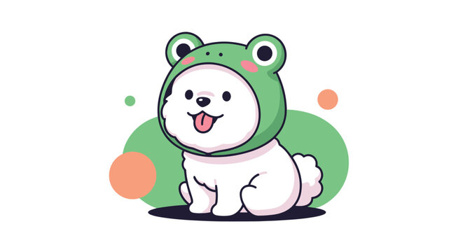 Adorable white fluffy dog wearing a green frog hat sits happily against a soft background with colorful shapes.
