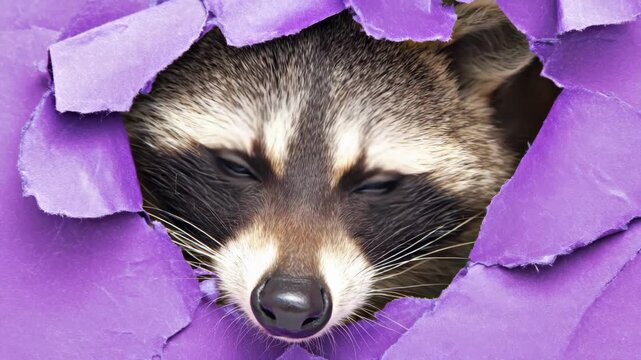 Raccoon peeking through a hole in purple paper background, cute wild animal looking at camera, funny wildlife portrait, creative studio concept