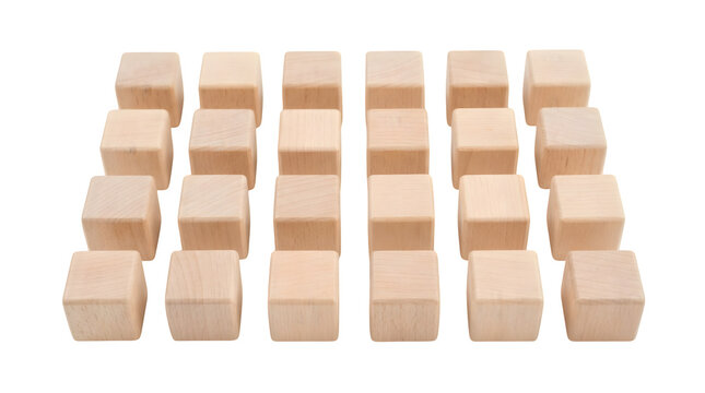 A collection of wooden blocks arranged in a grid pattern isolated on transparent background