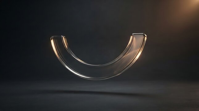 A glowing, transparent glass semicircle or arch shape floating in a dark, moody space with soft golden rim lighting and a clean, minimalist aesthetic