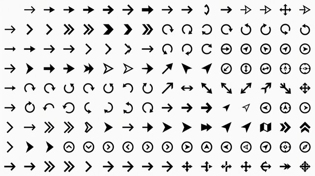 Minimalist black arrow icon set, flat vector navigation symbols for web design and app interface, diverse collection of directional pointers and cursor signs, clean geometric UI elements pack.