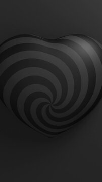 Black spiral heart pulsating on a black background, Valentine s Day 3D loop animation. Vertical video.
