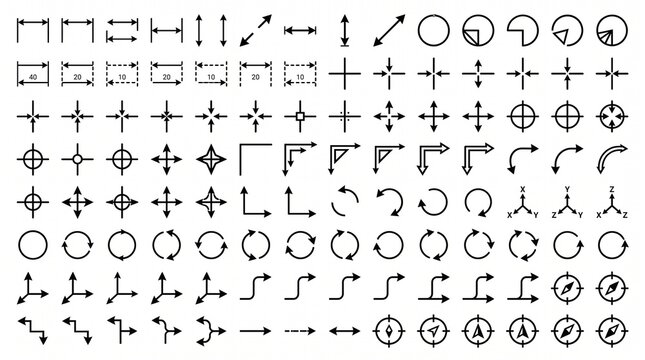 Minimalist technical arrow icons set, black line vector symbols for engineering and architecture, professional drafting navigation elements, geometric measurement and direction sign collection