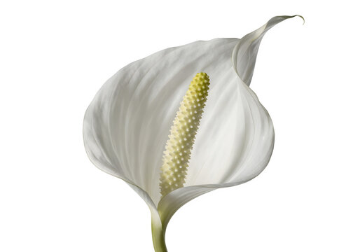 Beautiful peace lily flower with a white spathe and a textured spadix isolated on transparent background