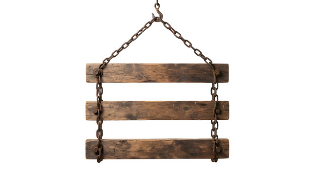 A rustic wooden sign made of three horizontal planks hanging from metal chains isolated on transparent background