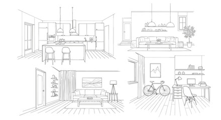 Fototapeta premium Beautiful line art sketches of various modern apartment rooms including a kitchen, living room, study, and bedroom.