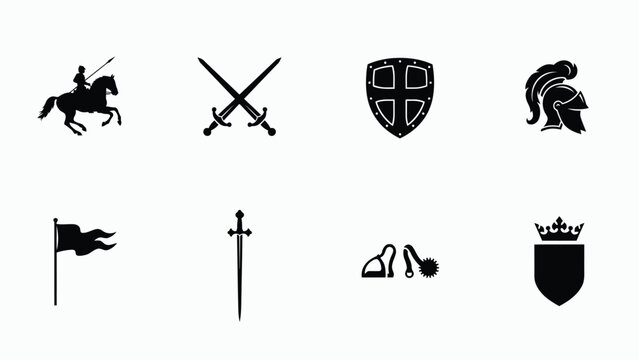 Historical medieval symbols collection of knightly emblems with regal atmosphere bold silhouettes against neutral background crown atop shield coat arms design