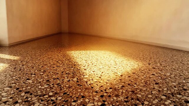 Sunlight reflecting on modern polished terrazzo flooring floor reflection stone interior texture