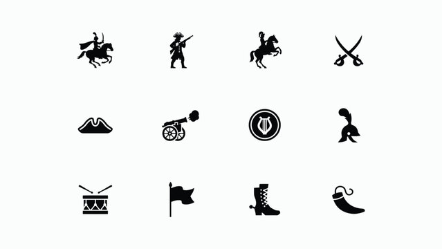 Historical military and cultural icons set in minimalist black flat design with silhouette icons representing equipment musical instruments with displays collection twelve