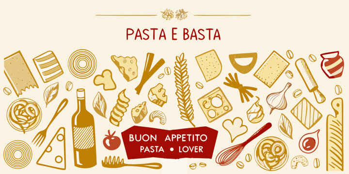 Italian pasta and cheese illustration set with wheat stalks on a pale yellow background
