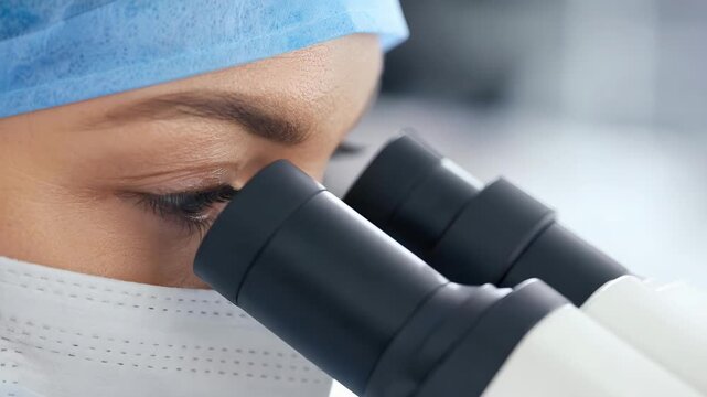 Female scientist microscope medical research laboratory closeup healthcare technology concept clinical analysis work focus professional science