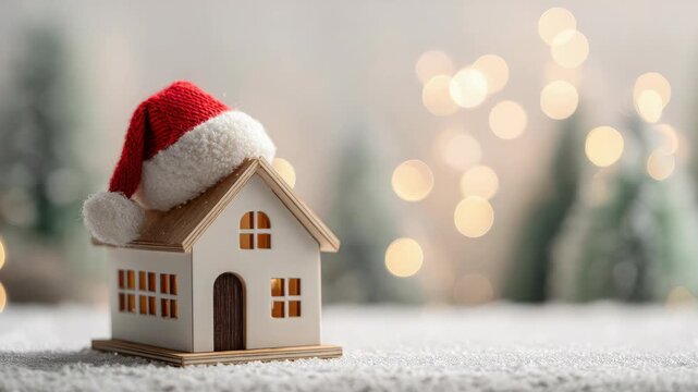Miniature house wearing a red Santa hat on snow with bokeh lights background for Christmas holiday season greeting card and festive home decor