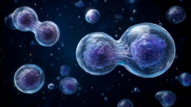Microscopic cell division biology science concept with glowing blue cytoplasm and nucleus structure laboratory research microscopic science nucleus