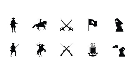 Naklejka premium Historical military silhouettes collection featuring soldiers cavalry weapons coats of arms with evoking classic authoritative aesthetic bold contrast minimalist design
