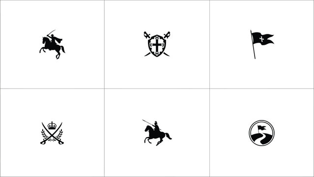 Historical heraldry symbols collection with displays curated set six distinct black white heraldic symbols evoking classic medieval aesthetic neutral background