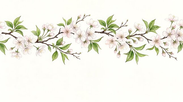 Seamless horizontal border with delicate white cherry blossom flowers and green leaves on wooden branch twigs