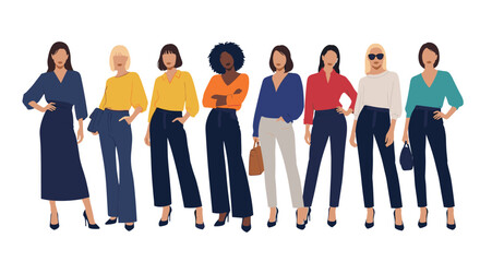 Obraz premium Large group of diverse, stylish, and modern women standing side by side, posing in fashionable casual clothing.