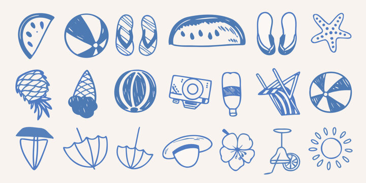 Collection Of Blue Line style Summer Vacation Icons Including Seashells Beach Balls And Sunshades